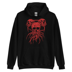 Roots of Death Metal Hoodie. Black hooded sweatshirt with red graphic of 3 skulls in a triangle pattern, connected by roots.