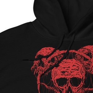 Close up picture of our Roots of Death Metal Hoodie. Black hooded sweatshirt with red graphic of 3 skulls in a triangle pattern, connected by roots.
