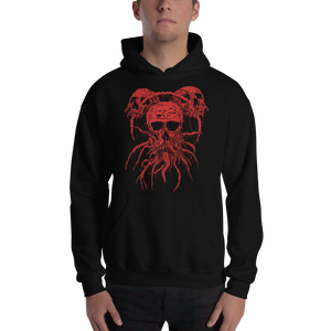 kids Roots of Death Metal Hoodie. Black hooded sweatshirt with red graphic of 3 skulls in a triangle pattern, connected by roots.