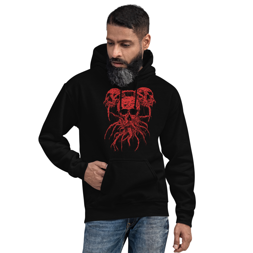 mens Roots of Death Metal Hoodie. Black hooded sweatshirt with red graphic of 3 skulls in a triangle pattern, connected by roots.