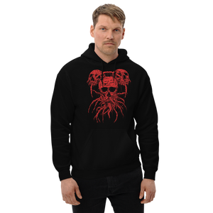 Men's Roots of Death Metal Hoodie. Black hooded sweatshirt with red graphic of 3 skulls in a triangle pattern, connected by roots.