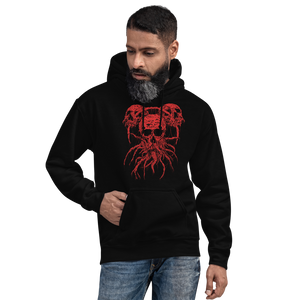 mens Roots of Death Metal Hoodie. Black hooded sweatshirt with red graphic of 3 skulls in a triangle pattern, connected by roots.