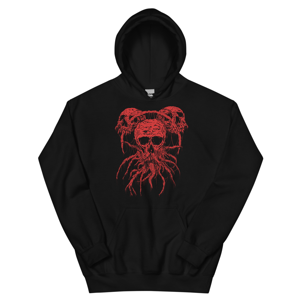 folded Roots of Death Metal Hoodie. Black hooded sweatshirt with red graphic of 3 skulls in a triangle pattern, connected by roots.