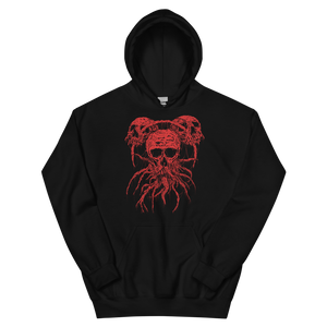 folded Roots of Death Metal Hoodie. Black hooded sweatshirt with red graphic of 3 skulls in a triangle pattern, connected by roots.