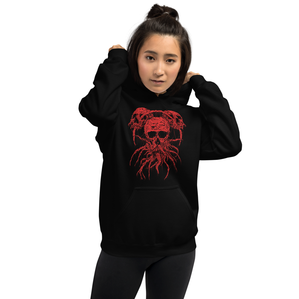 womens Roots of Death Metal Hoodie. Black hooded sweatshirt with red graphic of 3 skulls in a triangle pattern, connected by roots.